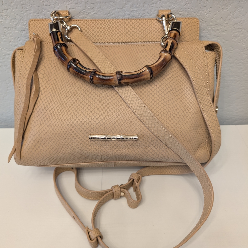 Elaine Turner Tan Snakeskin Embossed Leather Bamboo Handle Satchel Crossbody Bag